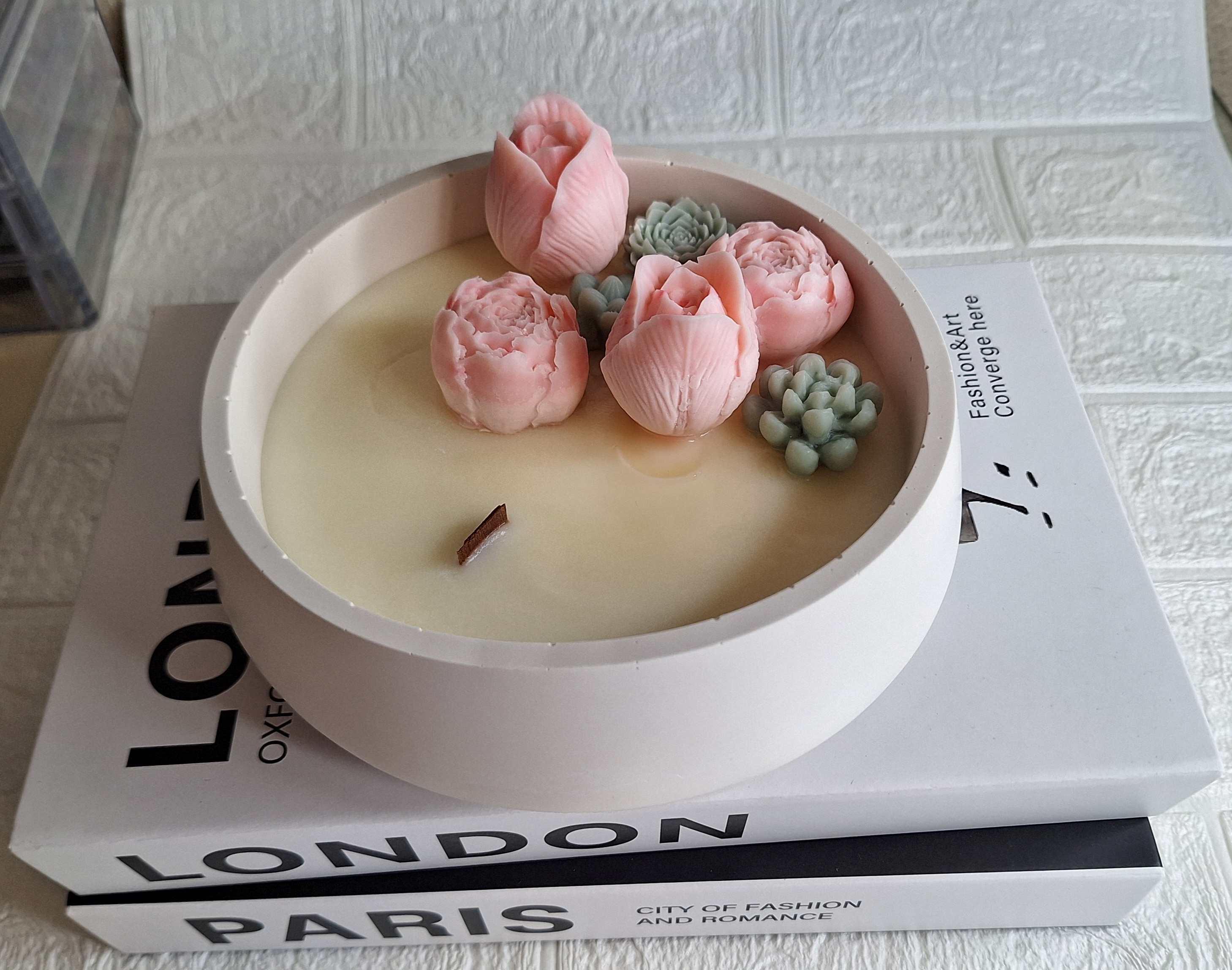 Rose Garden Soy Candle with hand-sculpted wax peonies and succulents in a reusable concrete bowl