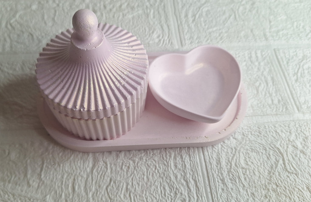 Babydoll Iridescent Set - top view showing ribbed dome jar and heart dish on oval tray