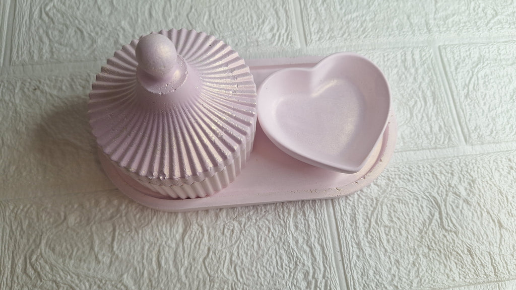 Babydoll Iridescent Set - side view showing ribbed dome jar with lid and heart dish