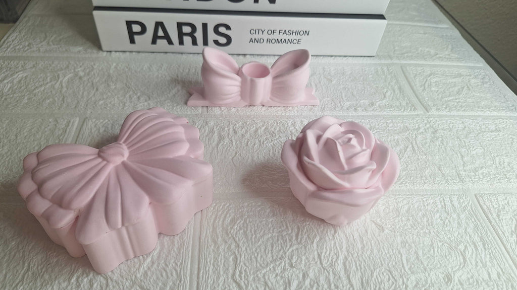 Croquette Set Pretty in Pink - blush pink eco-resin bow tealight holder, bow trinket dish and rose trinket jar