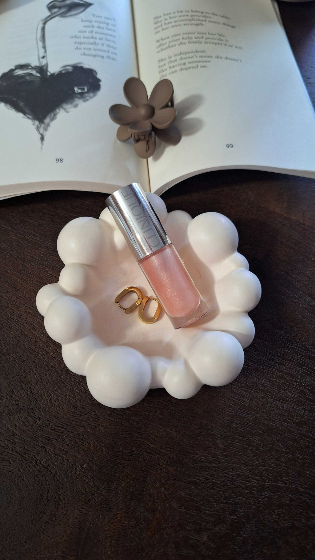 Bubble Trinket Dish - matte white eco-resin dish with bubble scallop edge holding a lip gloss and gold earrings