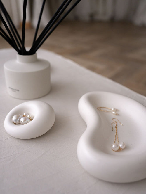 Cloud & Glow Resin Set - organic jewellery dish styled with pearl earrings and reed diffuser